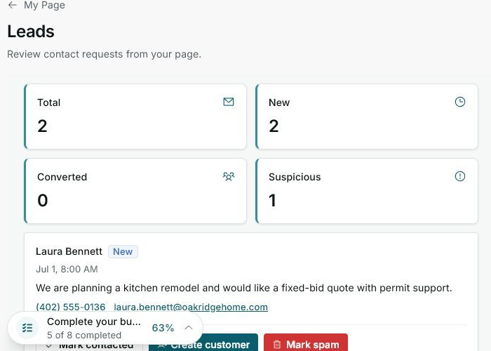 Leads inbox with summary metrics and a new lead