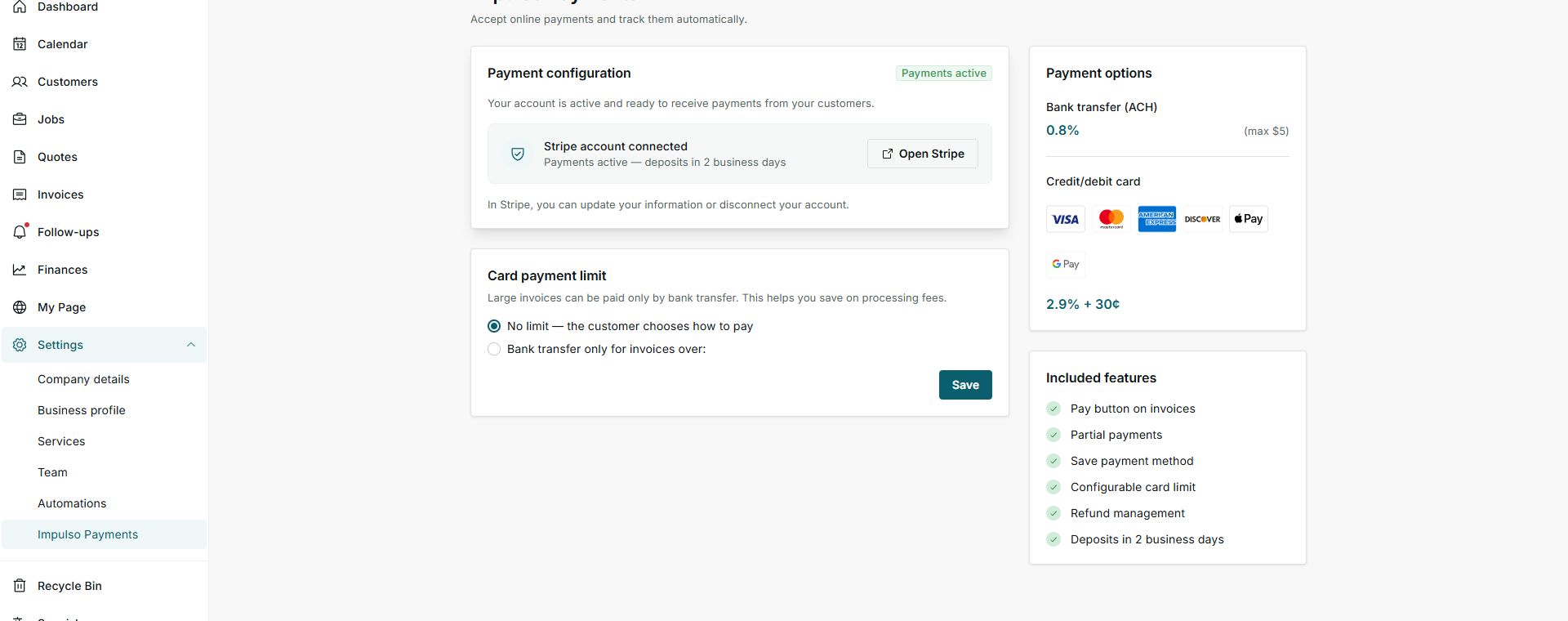 Impulso Payments screen with payments active and Stripe account connected