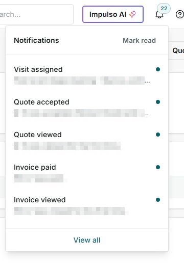 IMPULSO notification dropdown in English with private details hidden