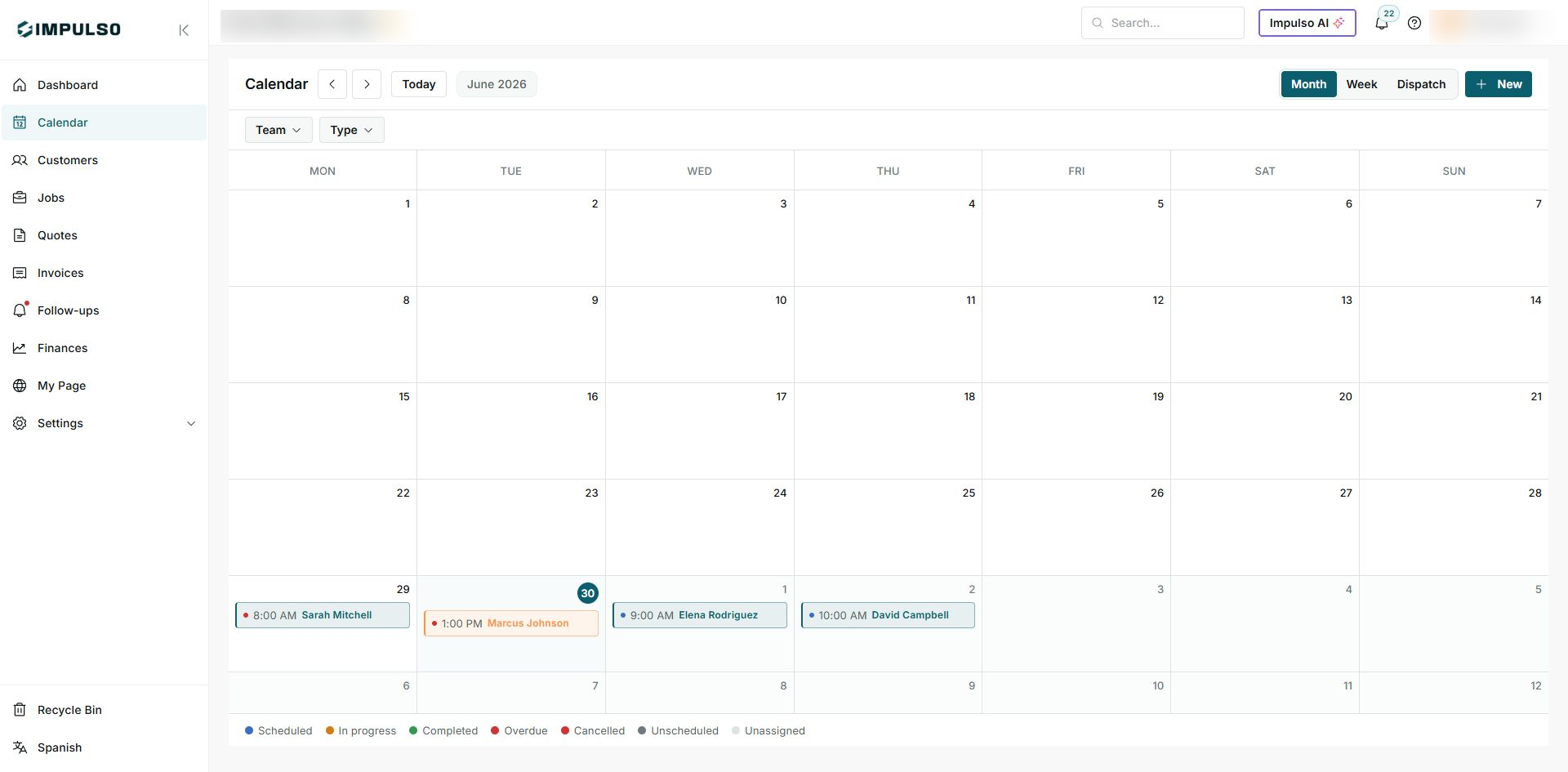 Calendar month view with date controls, filters, views, and scheduled visits
