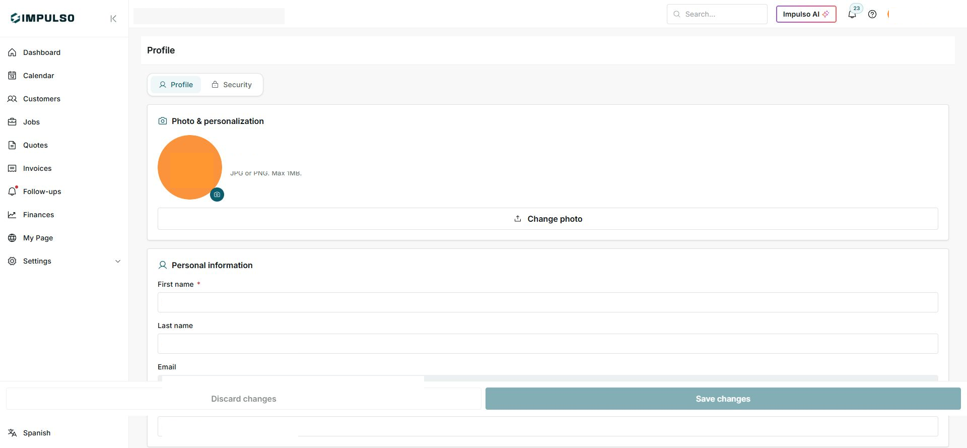 Field Profile with photo, personal information, and save buttons