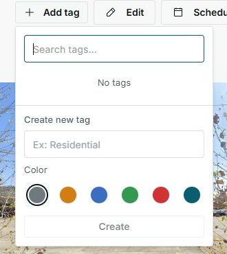 Add tag panel with search, No tags state, and available colors