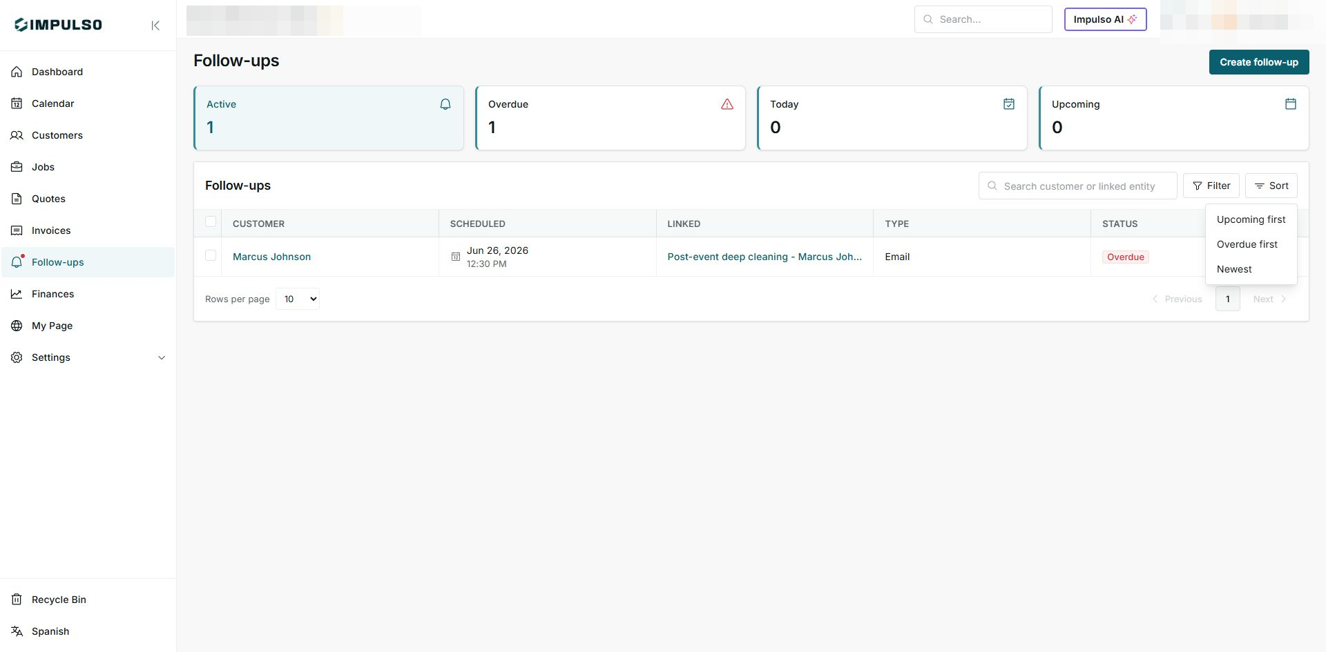 Sort menu in Follow-ups with Upcoming first, Overdue first, and Newest options