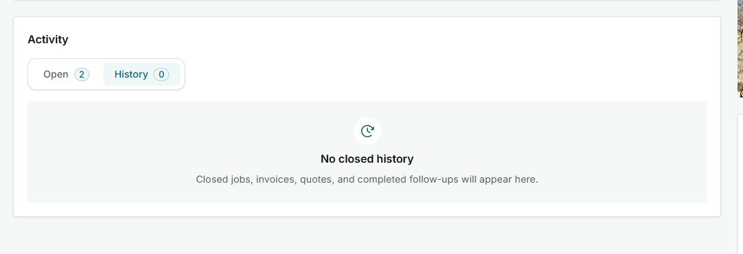 Activity card with History selected and No closed history state