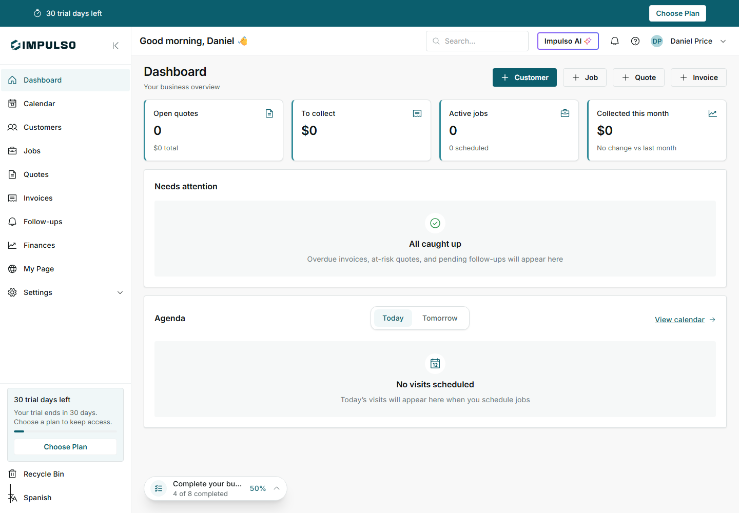 Dashboard after onboarding is complete