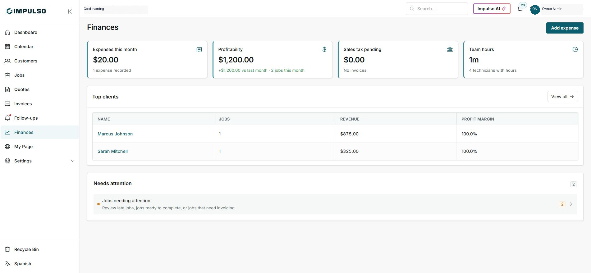 Finances overview with main metrics