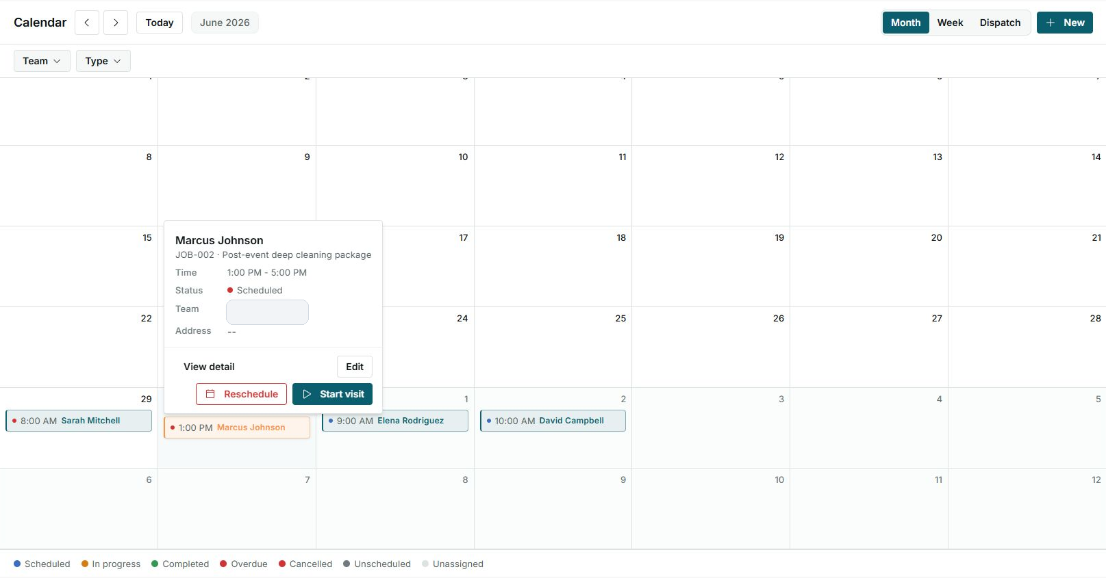 Quick detail for a scheduled visit inside the calendar