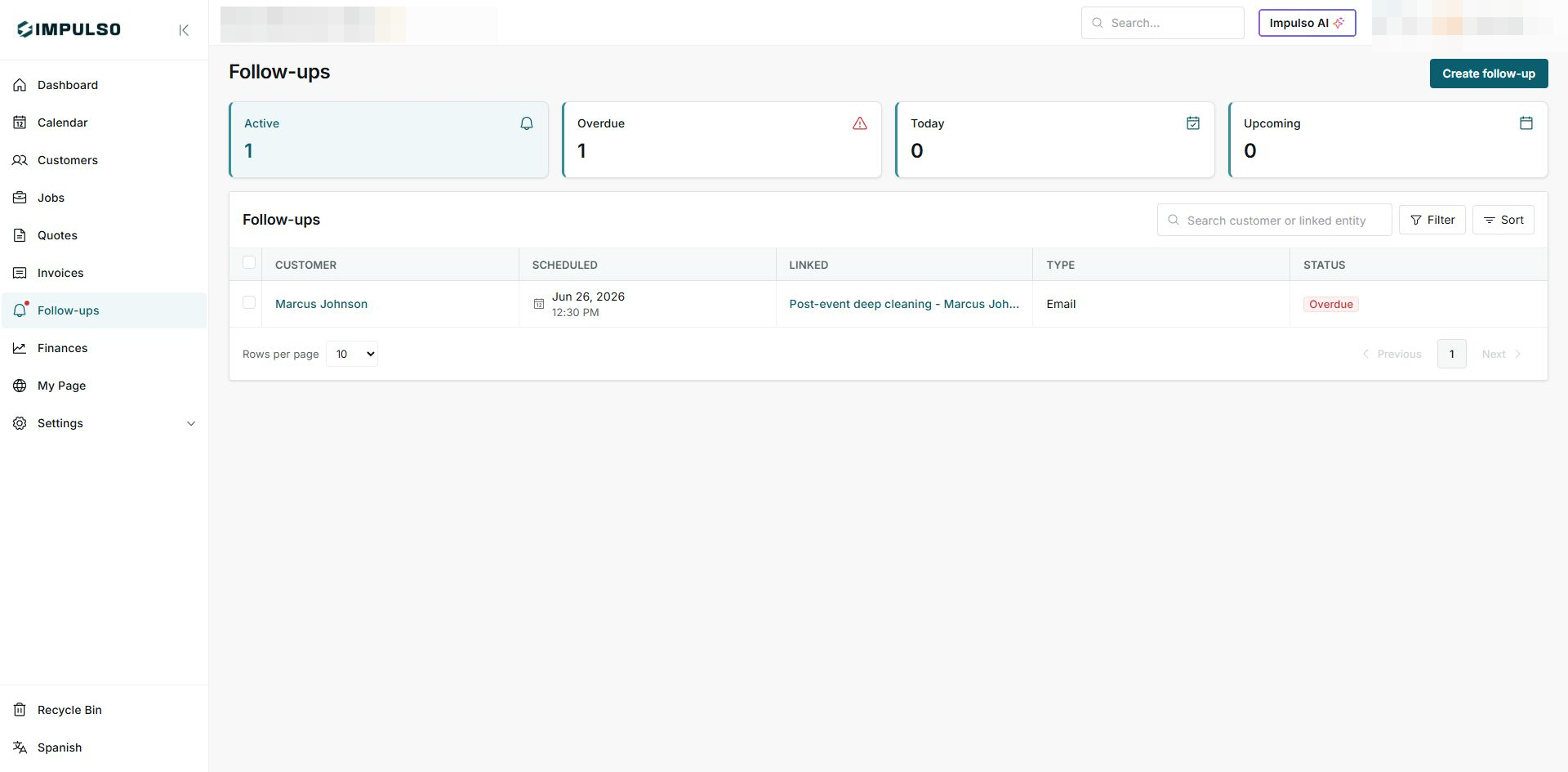 Follow-ups list with customer, scheduled date, linked item, type, and status