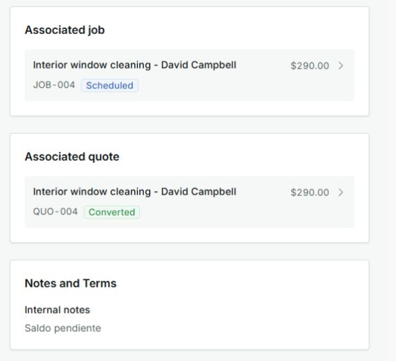 Invoice with associated job and associated quote