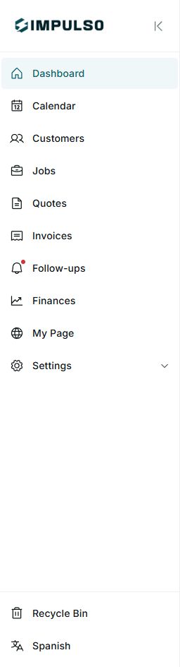 IMPULSO sidebar in English with the main business areas
