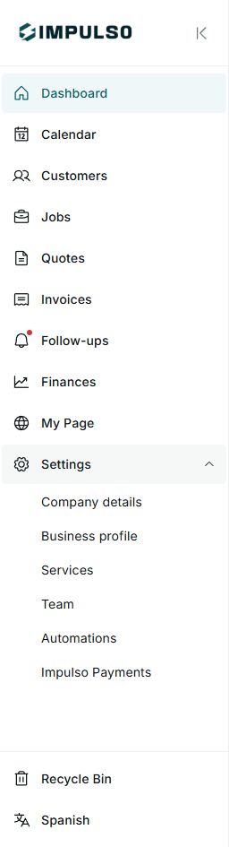 IMPULSO sidebar with Settings expanded in English