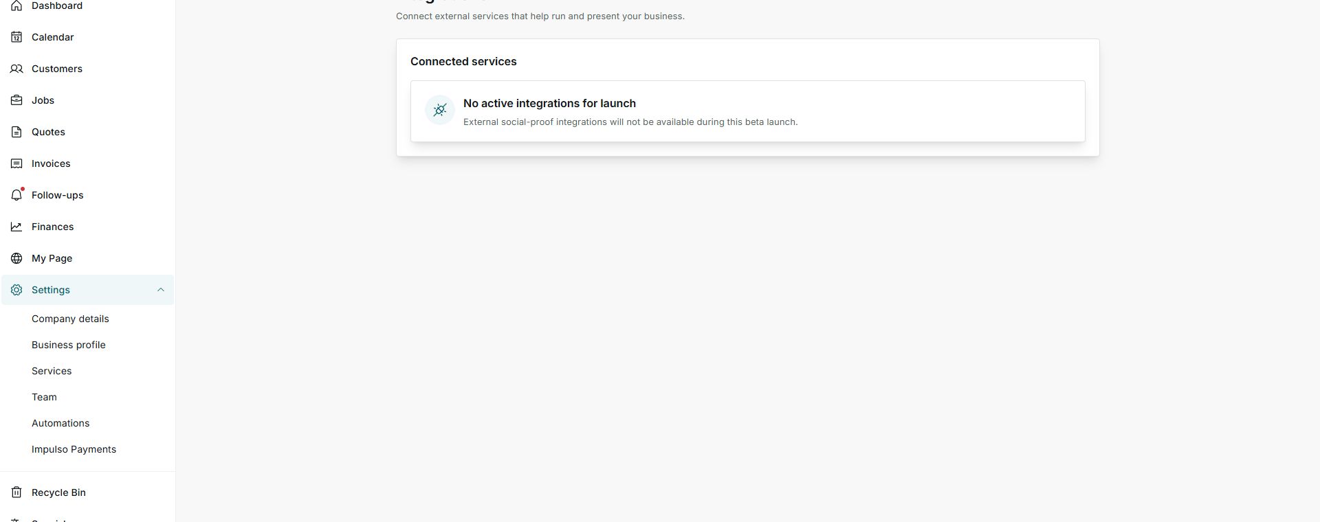 Integrations screen with no active services available for launch