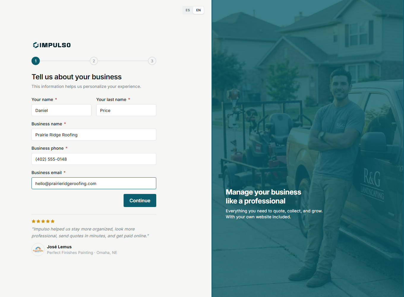 Onboarding step 1 with Prairie Ridge Roofing details