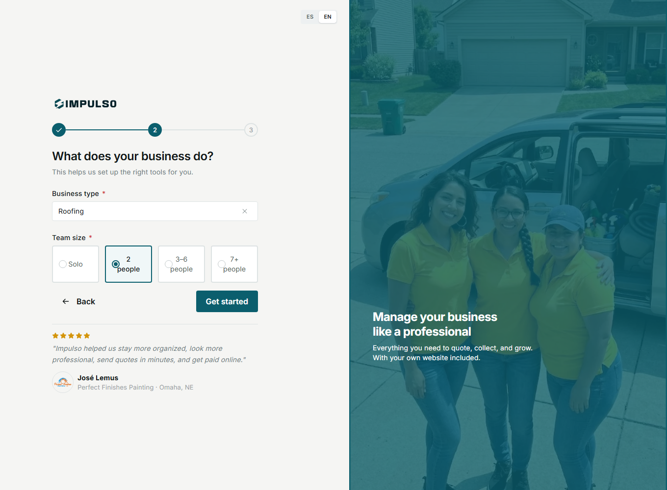 Onboarding step 2 with Roofing and 2 people selected
