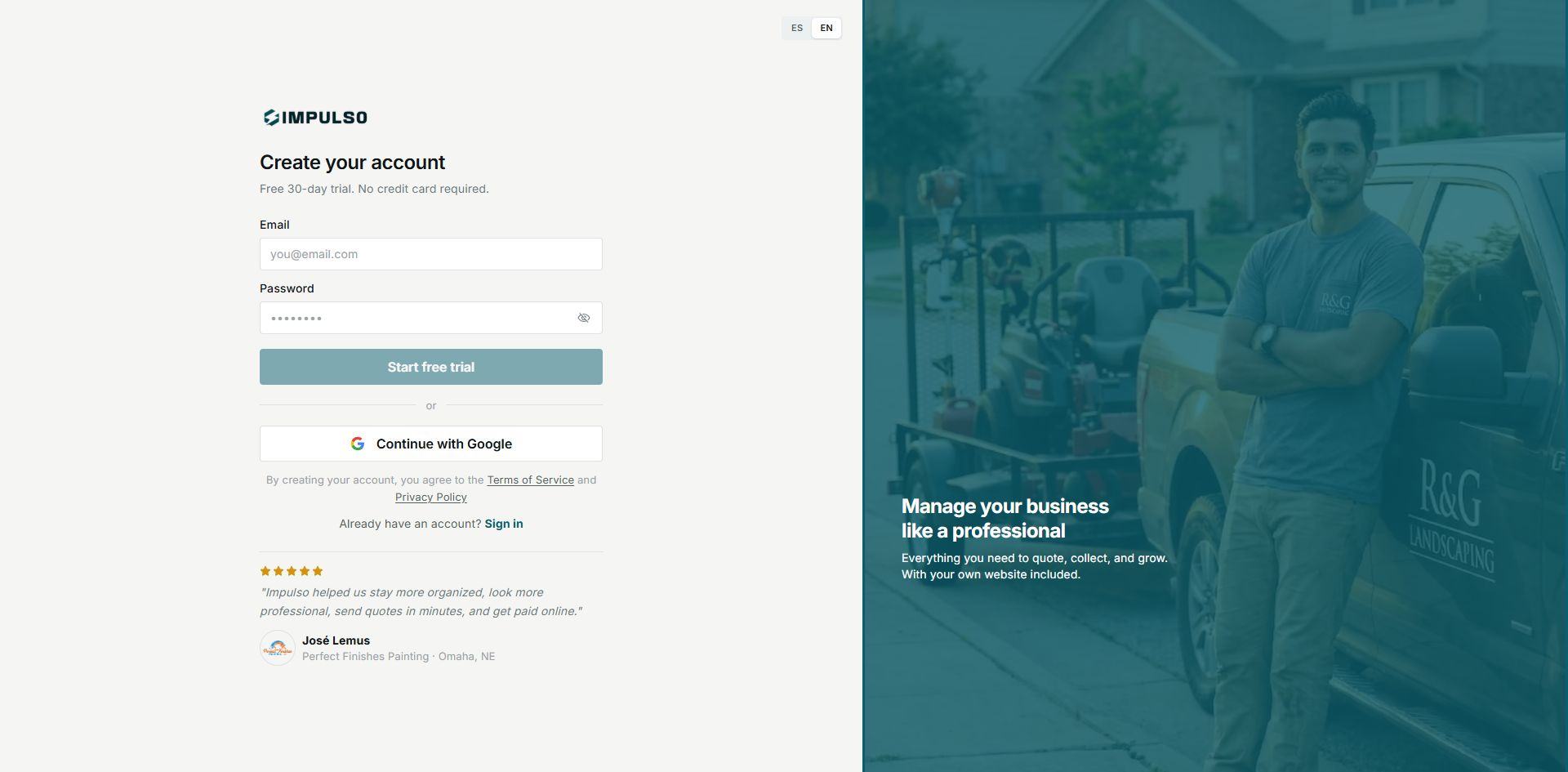 IMPULSO Create your account screen in English