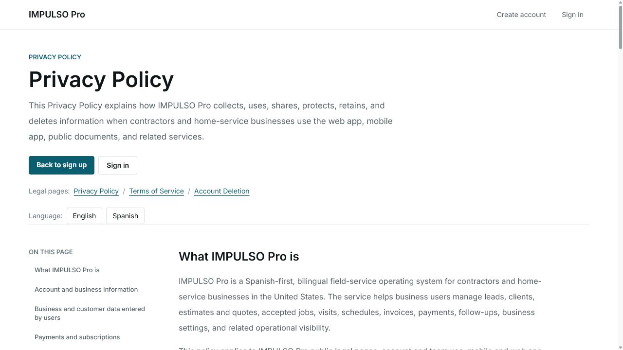 IMPULSO Pro Privacy Policy in English