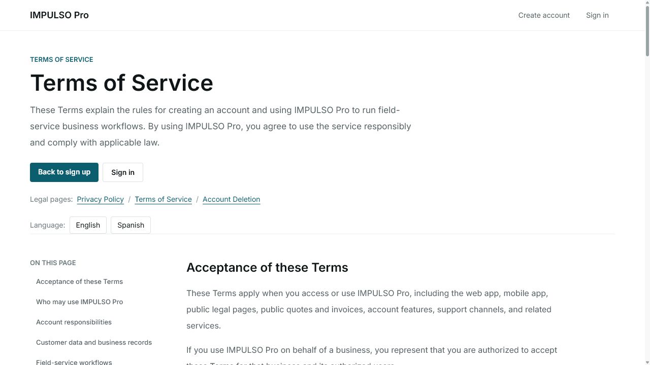 IMPULSO Pro Terms of Service in English