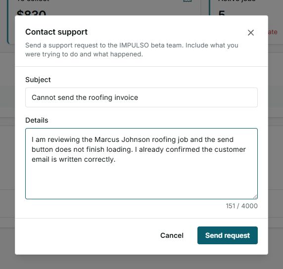 IMPULSO support form in English with subject and details filled in