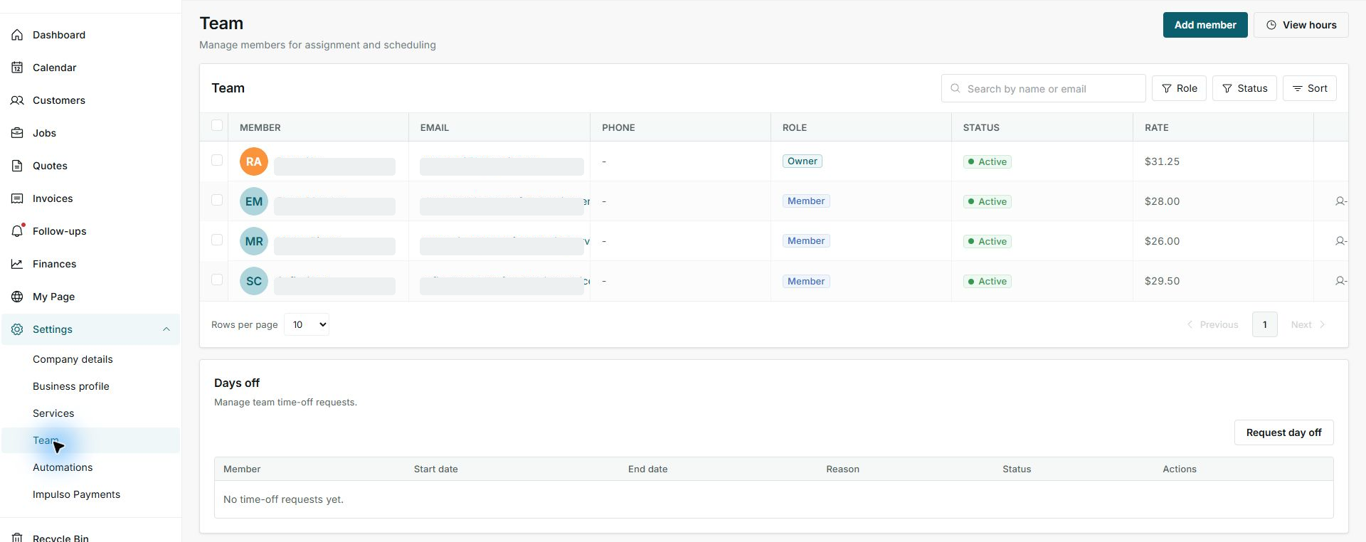 Team list with roles visible