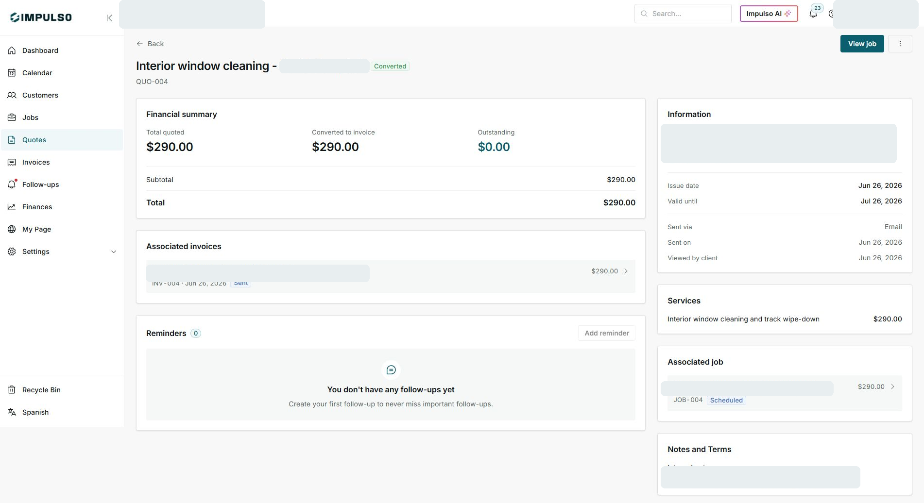 Converted quote with financial summary, associated invoice, and scheduled job