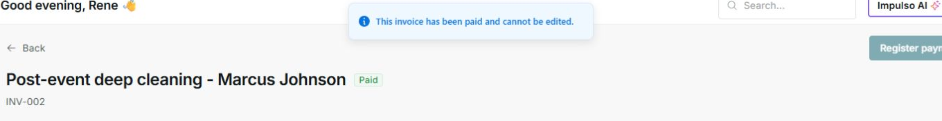 Notice that a paid invoice cannot be edited