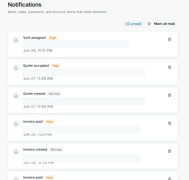 IMPULSO notification center in English with alert types and priorities visible