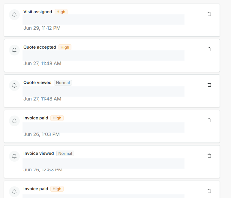 IMPULSO notification list in English with High and Normal priority, dates, and archive actions