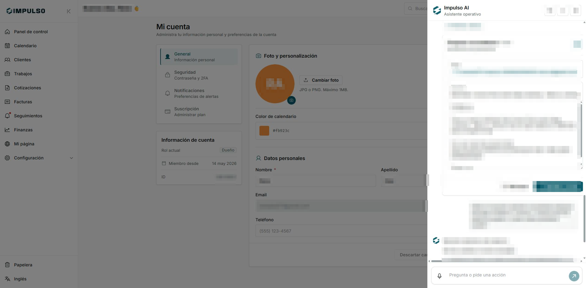 Panel de Impulso AI abierto en IMPULSO en espa&ntilde;ol con contenido privado protegido