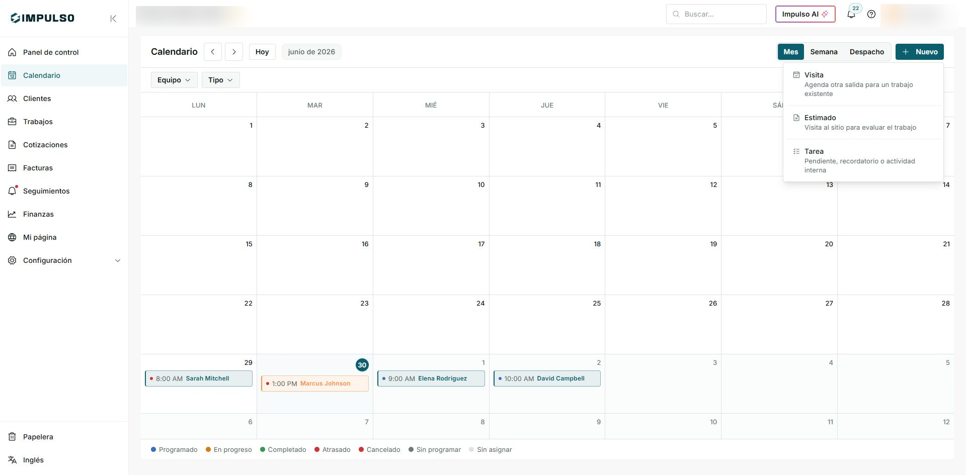 Menú Nuevo en Calendario con opciones Visita, Estimado y Tarea