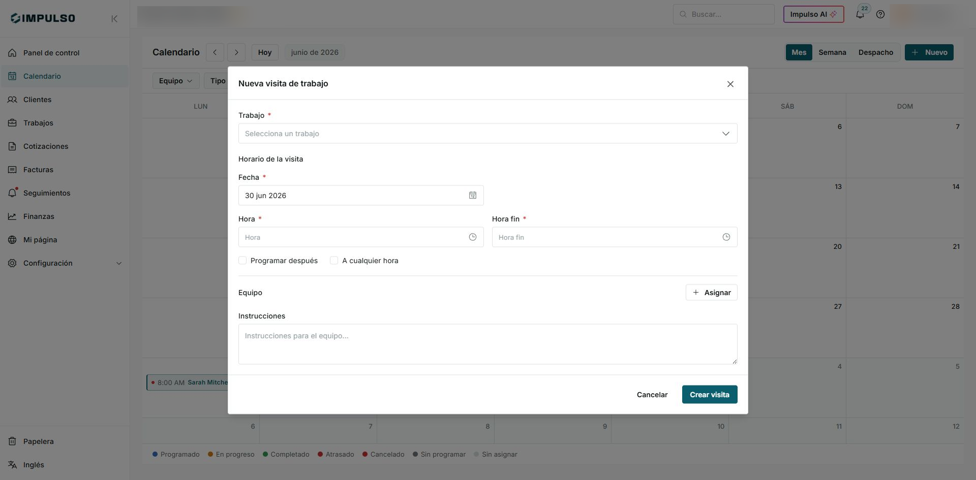 Formulario Nueva visita de trabajo con Trabajo, Fecha, Hora, Hora fin, Programar después, A cualquier hora, Equipo e Instrucciones