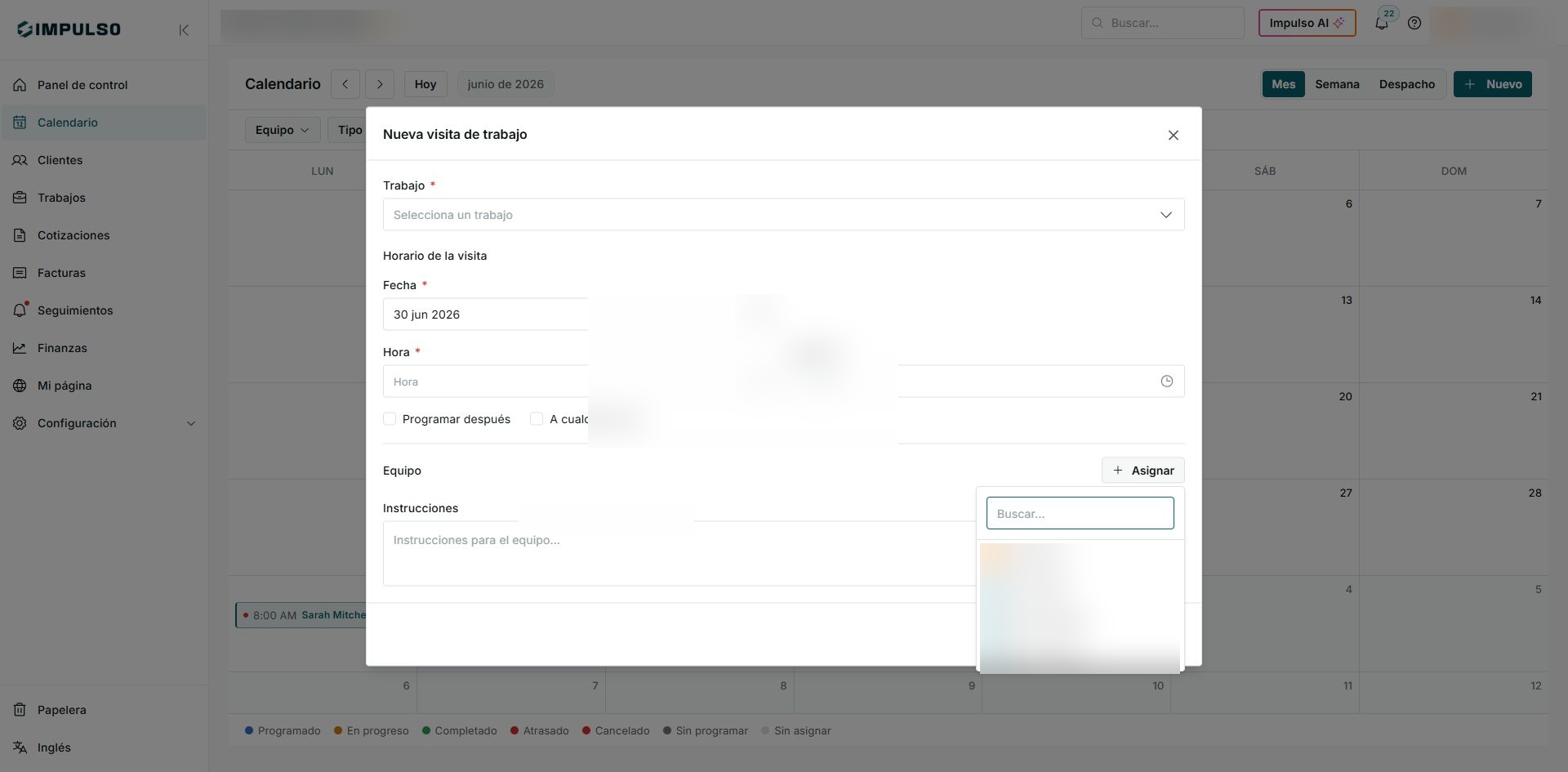 Selector de equipo abierto desde el formulario Nueva visita de trabajo