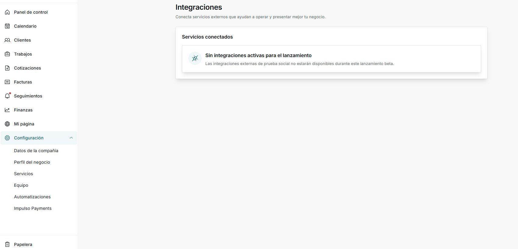 Pantalla de Integraciones sin integraciones activas