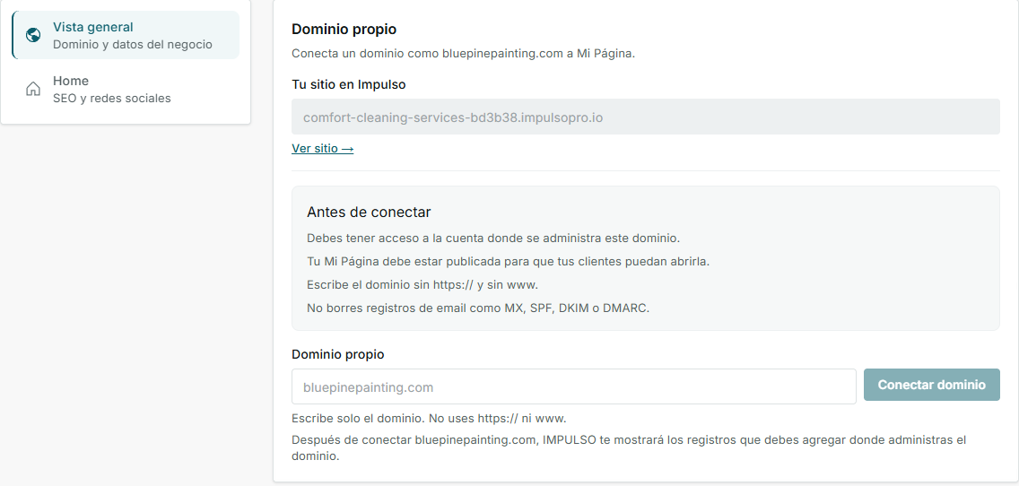 Tarjeta Dominio propio en la configuración de Mi Página