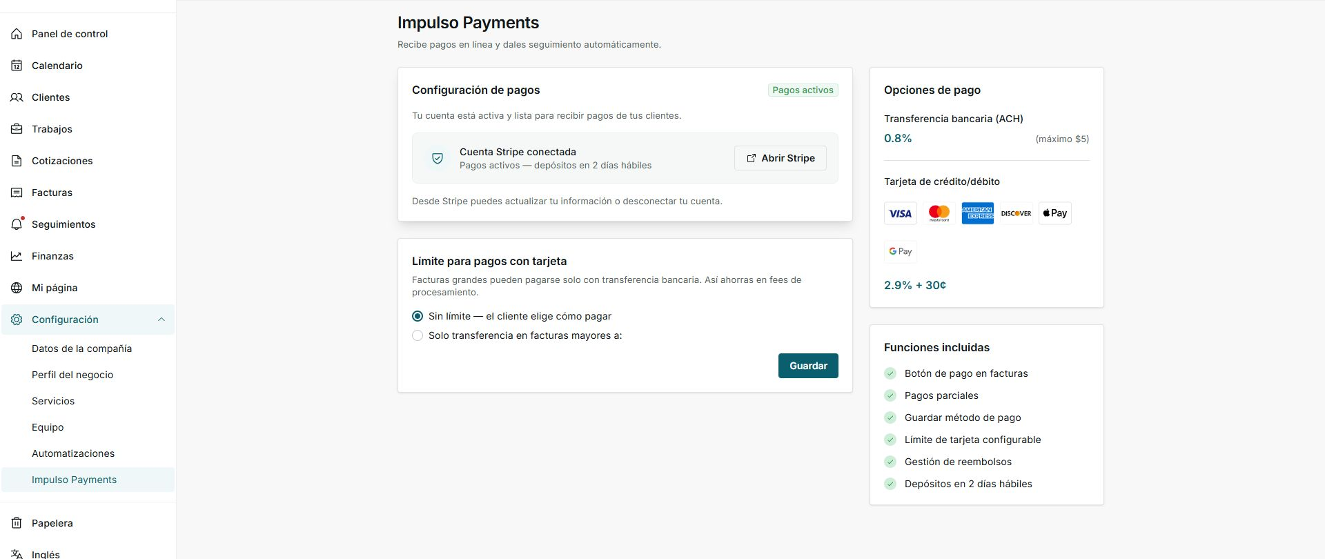Pantalla de Impulso Payments en español