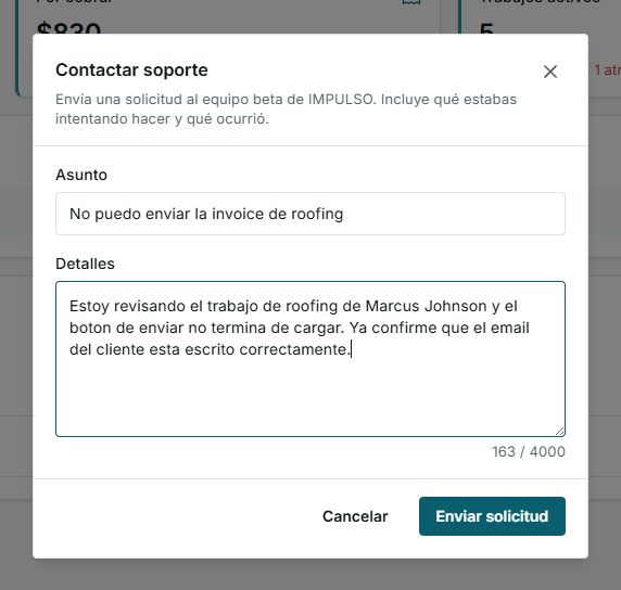 Formulario Contactar soporte de IMPULSO en espa&ntilde;ol con asunto y detalles escritos