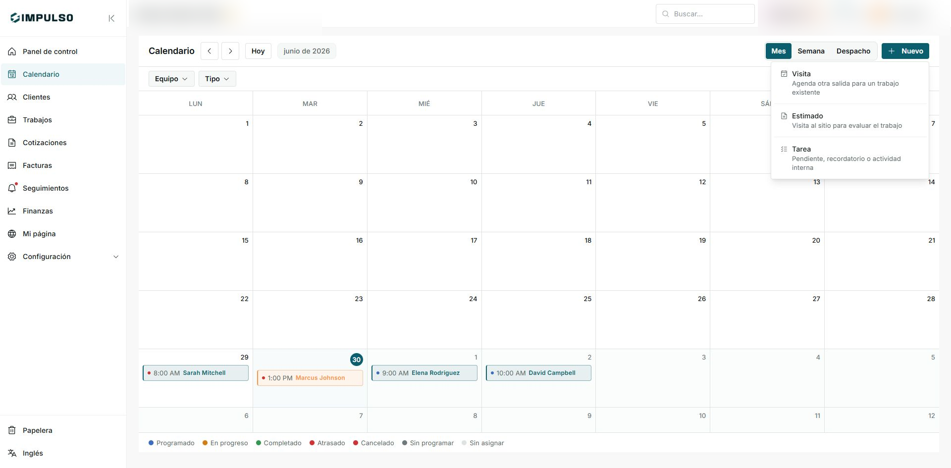 Menú Nuevo del Calendario con opciones Visita, Estimado y Tarea