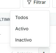 Men&uacute; Filtrar con opciones Todos, Activo e Inactivo