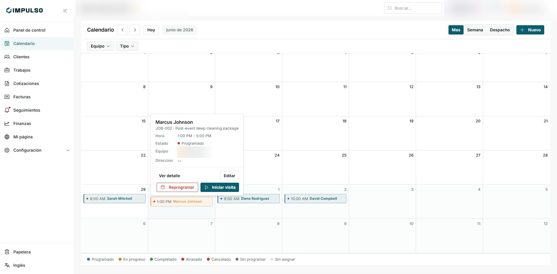 Detalle de visita en Calendario con horario, estado, equipo y acciones Editar, Reprogramar e Iniciar visita