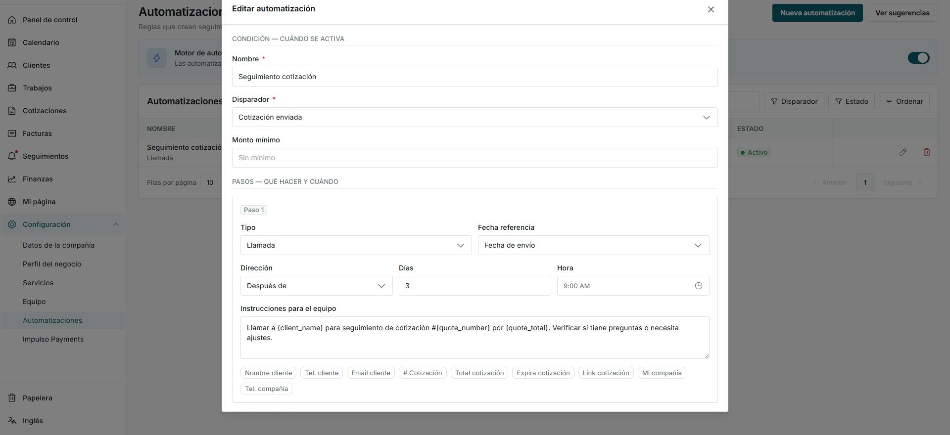 Editor de template de recordatorio