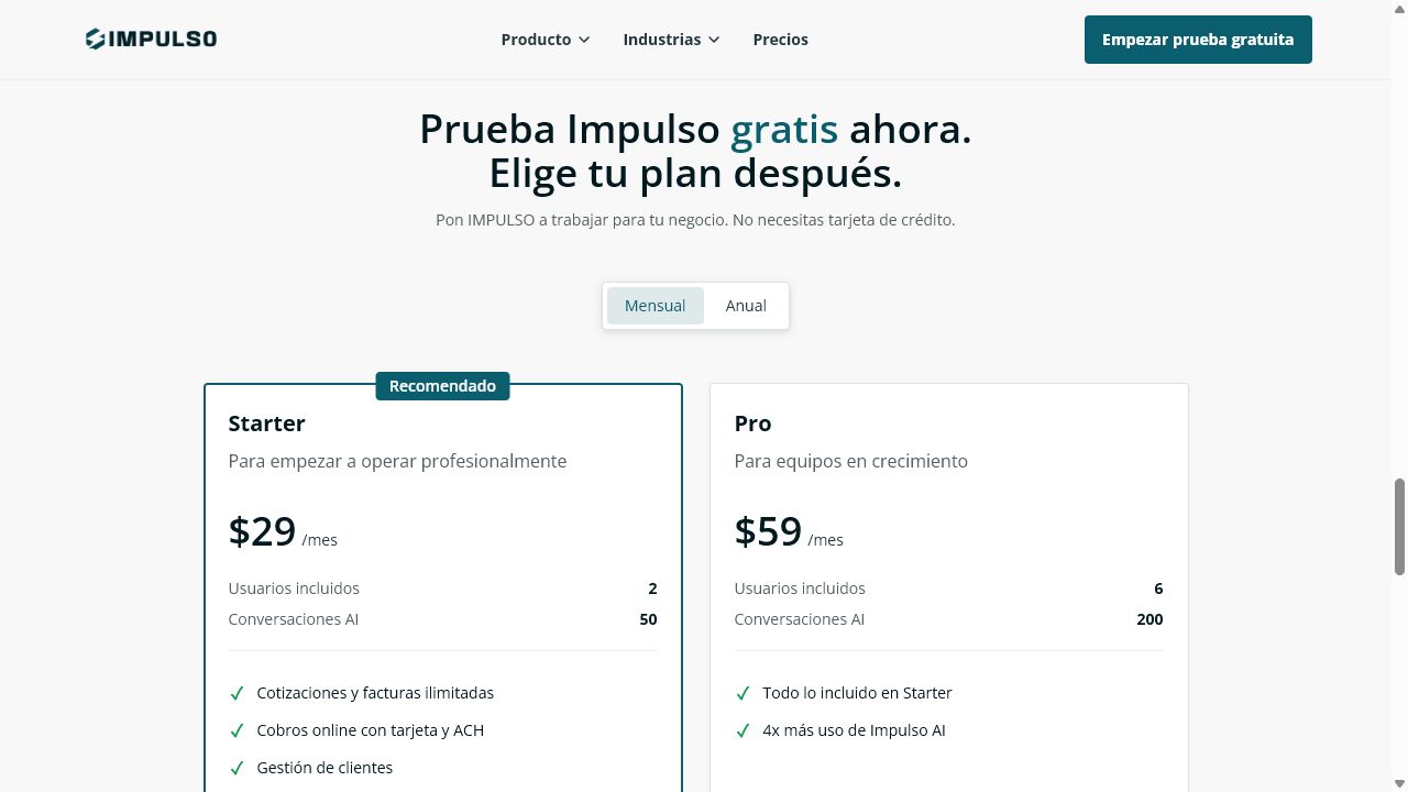 Sección pública de planes con opciones mensuales