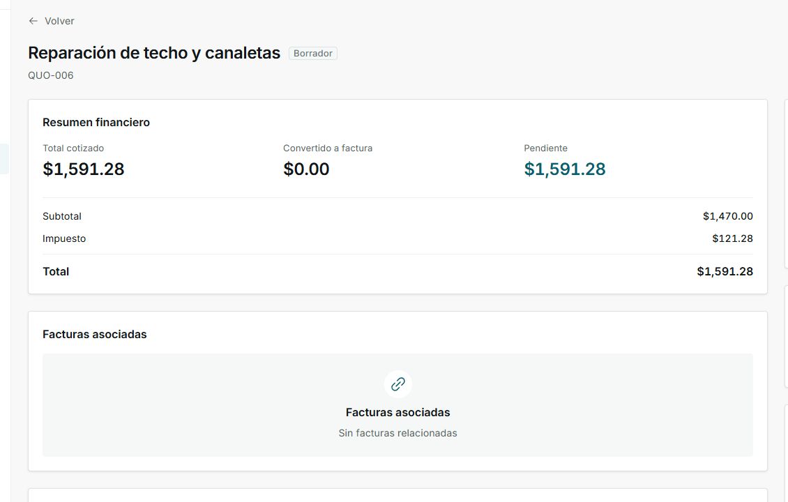 Detalle de cotización en Borrador con resumen financiero y acciones
