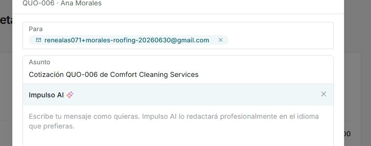 Pantalla para preparar el email de una cotización antes de enviarlo