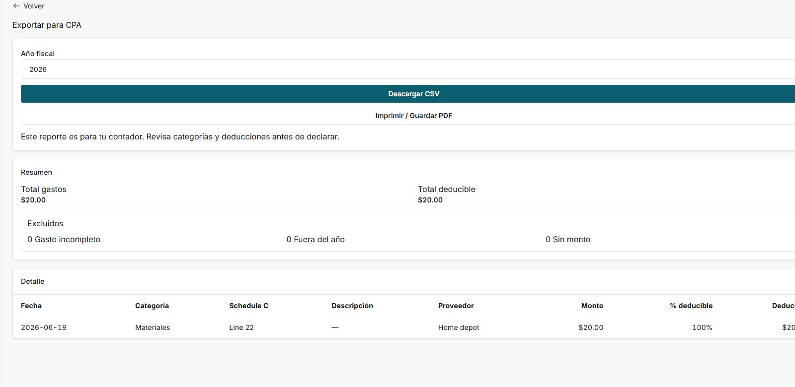 Pantalla Exportar para CPA con año fiscal, botones de descarga, resumen y detalle de gastos
