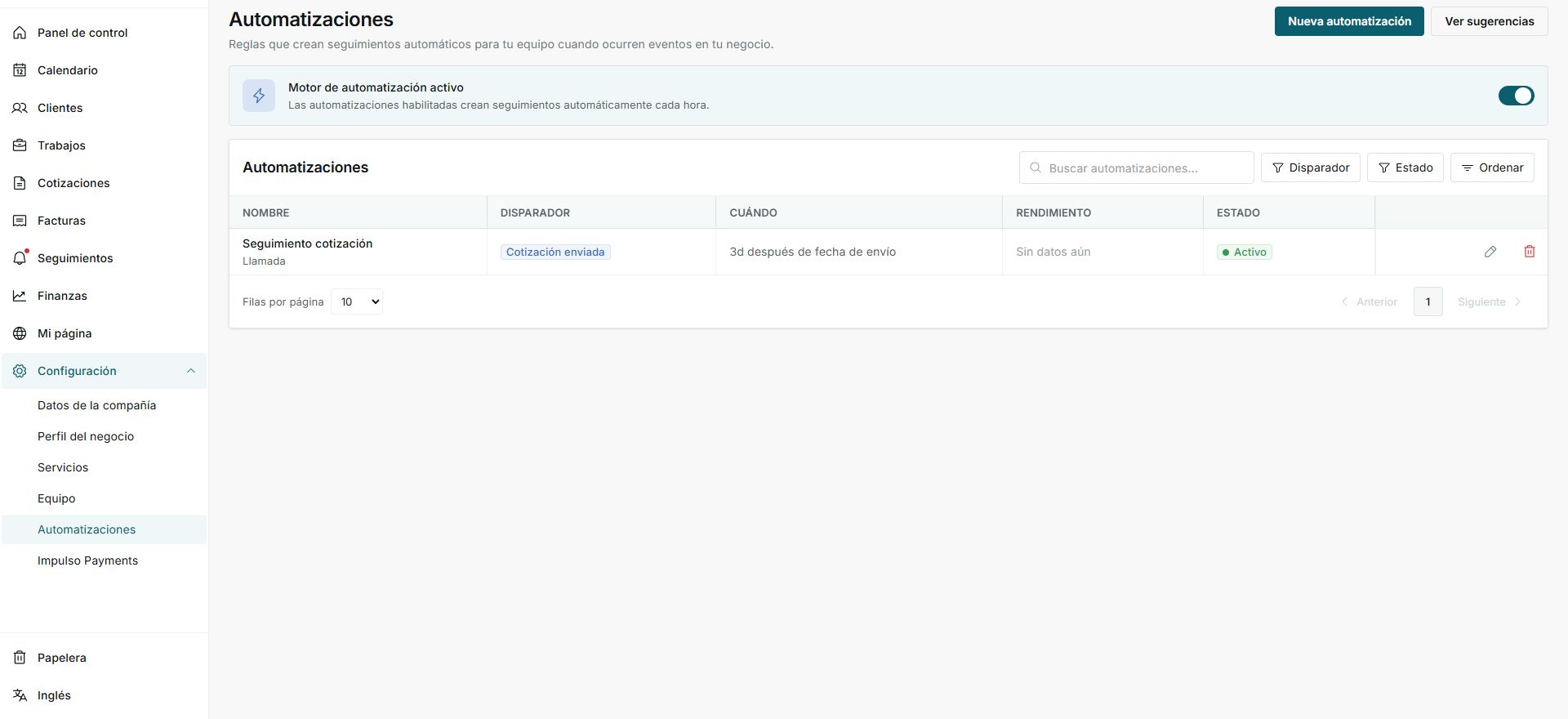 Lista de automatizaciones con motor activo