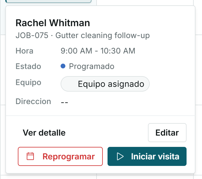 Detalle rápido de visita programada con botón Iniciar visita