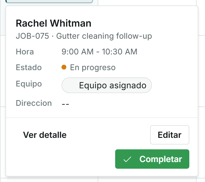 Detalle rápido de visita en progreso con botón Completar