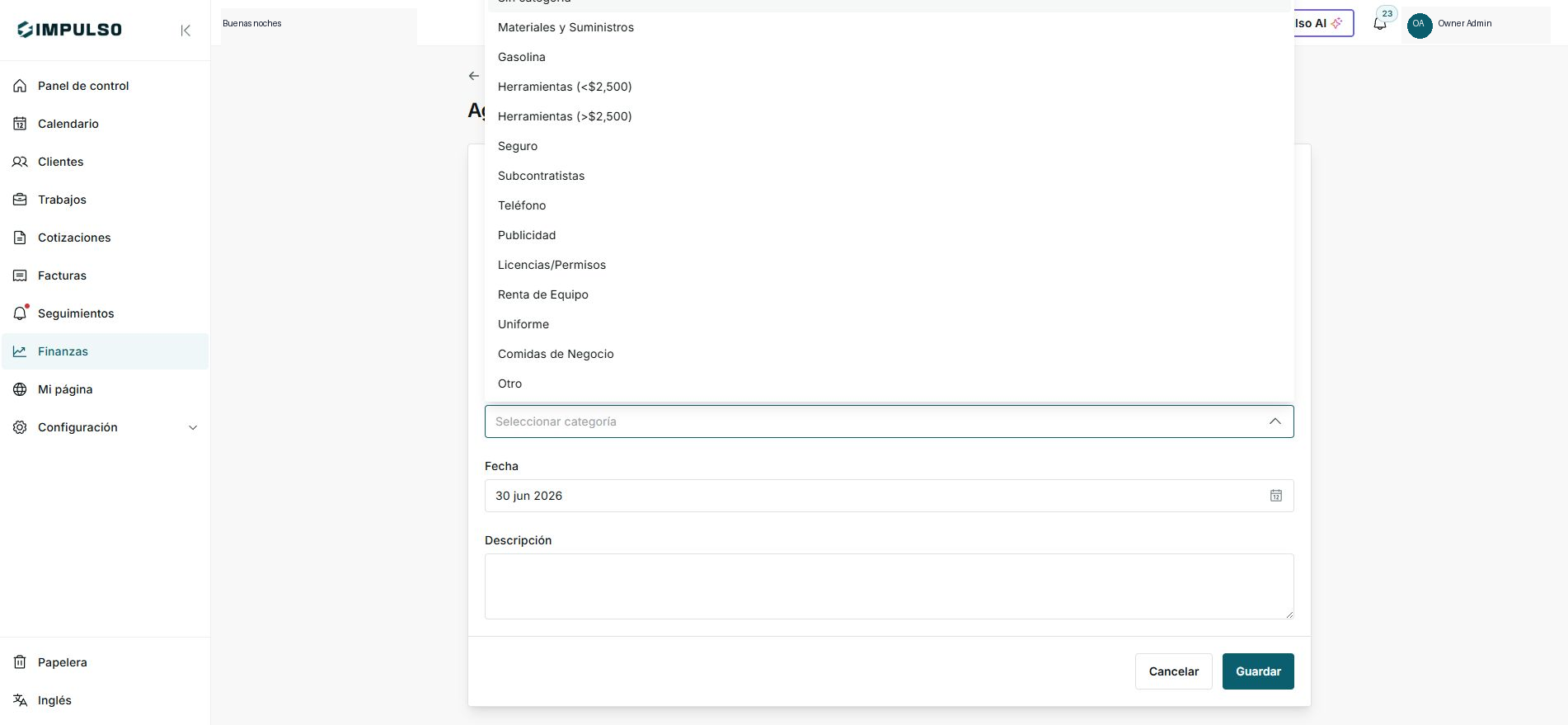 Selector de categoría del formulario de gasto