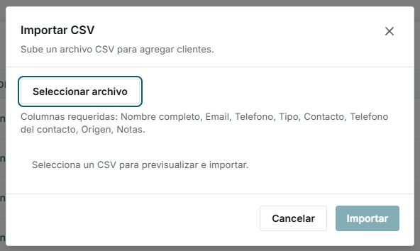 Diálogo Importar CSV con columnas requeridas para clientes