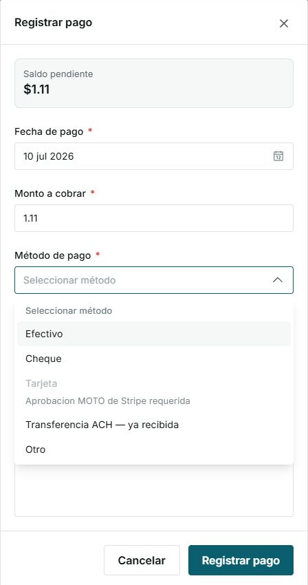 Selector de pago manual con Transferencia ACH ya recibida
