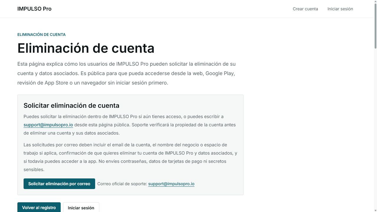 Página de eliminación de cuenta en español